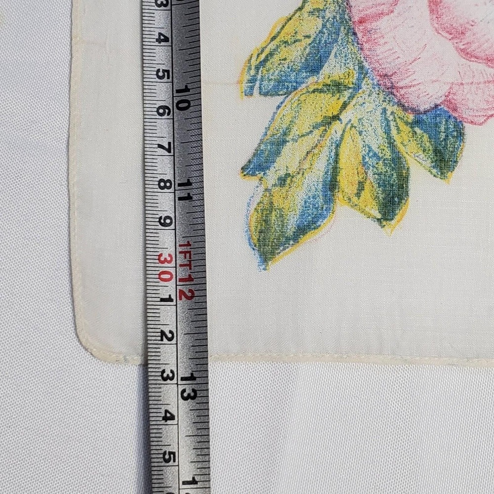 Vintage Floral Print Handkerchief 13"‎ Square Cotton Blend Pink Yellow Flowers - Picture 6 of 8